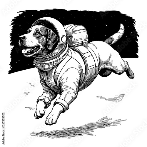 Running Dog with Astronaut Suit in Space Black and White Outline Line Art Drawing