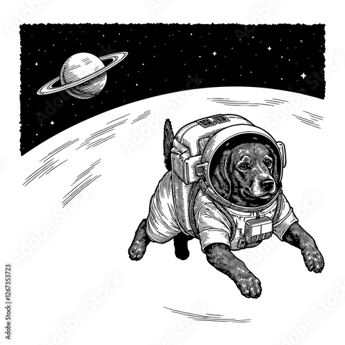 Dog Wearing Astronaut Suit Floating in Space Black and White Outline Line Art Drawing