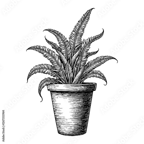 Fern Plant on Pot Detailed Black and White Decorative Outline Line Art Drawing Illustration