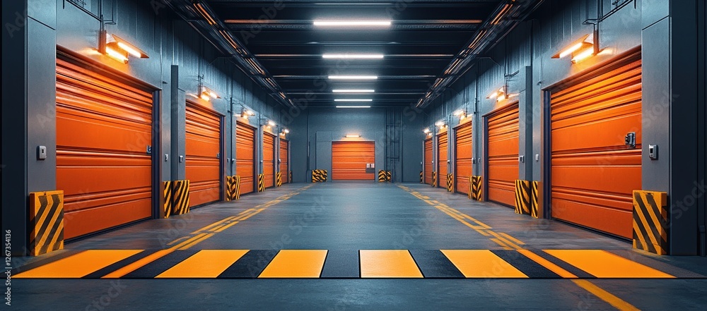Fototapeta premium Exploring Modern Warehouse Interior: Orange Roll-up Doors, Bright Lighting, and Safety Stripes Design