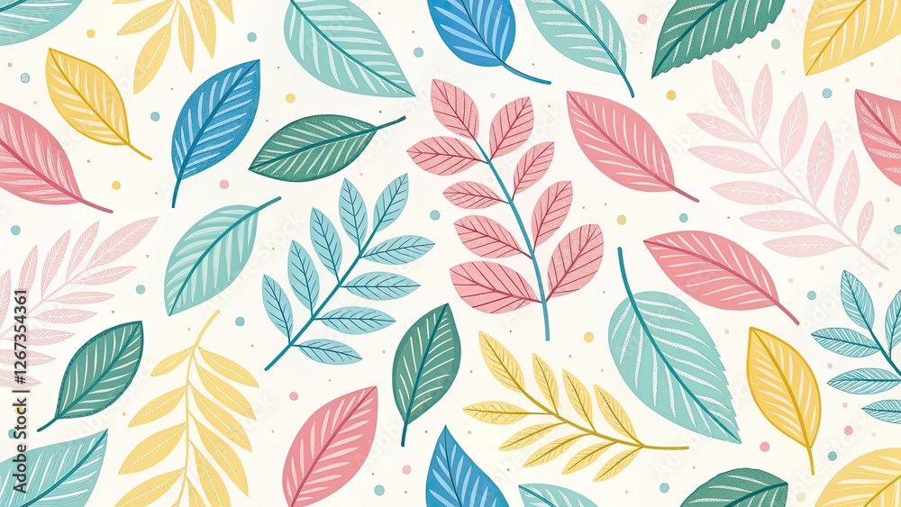 Obraz premium Colorful Botanical Leaf Pattern Illustration with Pastel Shades on a Light Background