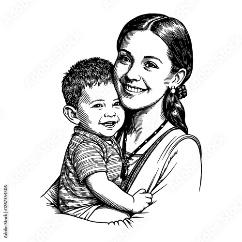 Happy Indigenous Mother Holding Her Child Closely in Black and White Outline Line Art Drawing