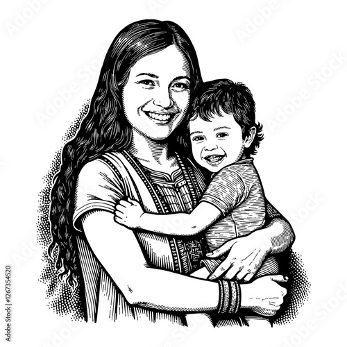 Happy Native Traditional Mother Holding Her Child Closely Black and White Outline Line Art Drawing