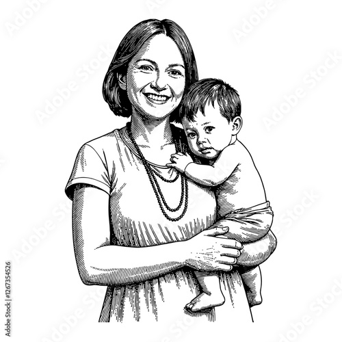 Happy Mother Holding Her Child Traditional Black and White Outline Line Art Drawing Sketch