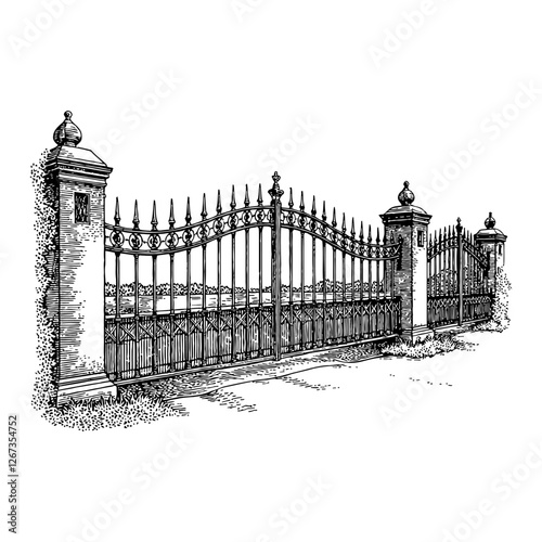 Ornate Iron Fence Gate Entrance Black and White Antique Detailed Outline Line Art Drawing