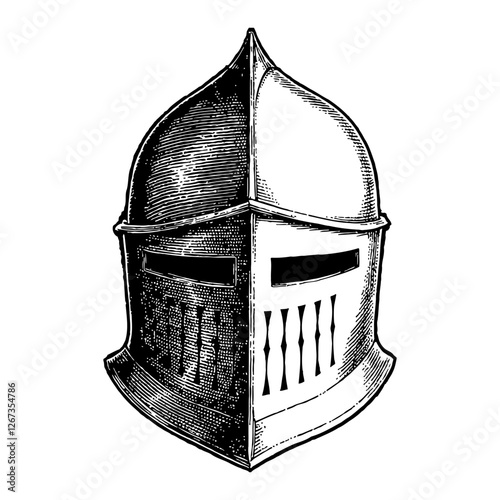 Medieval Knight Helmet Front View Engraving Style Black and White Outline Line Art Drawing 