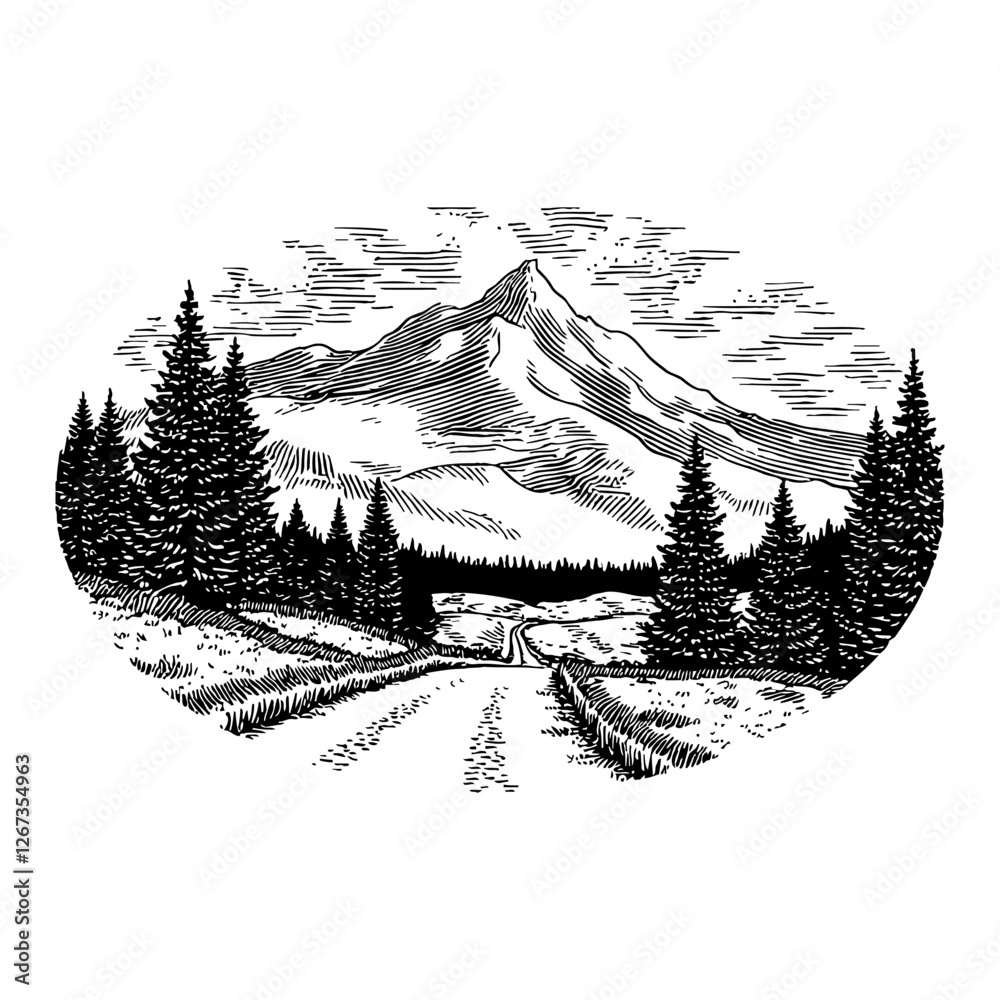 Obraz premium Mountain Road Landscape in Detailed Black and White Outline Line Art Drawing Illustration 
