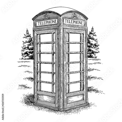 Retro Telephone Box with Shiny Windows Black and White Outline Line Art Drawing