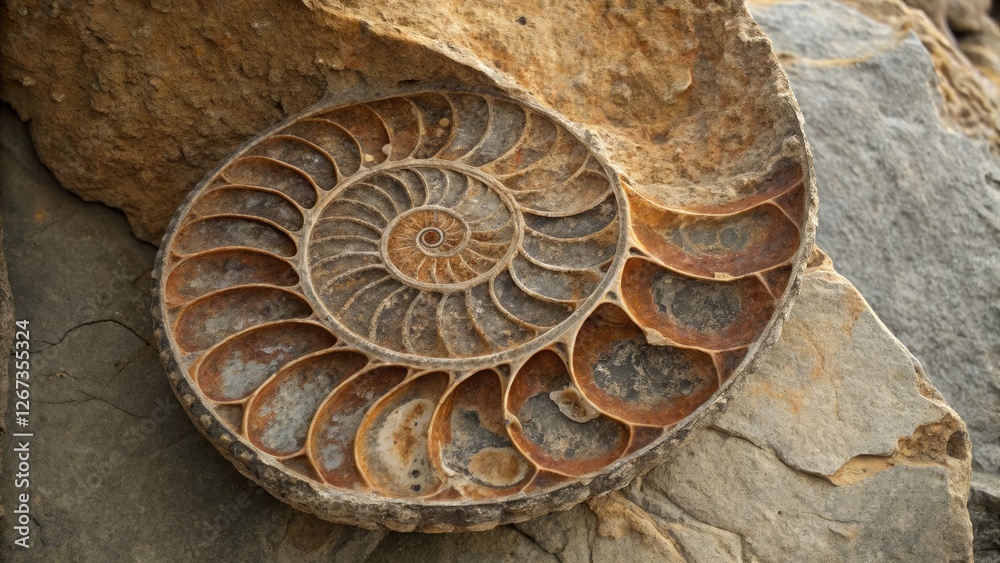 Detailed Ammonite Fossil Embedded in Rock with Intricate Spiral Patterns in Natural Setting Detailed Ammonite Fossil Embedded in Rock with Intricate Spiral Patterns in Natural Setting