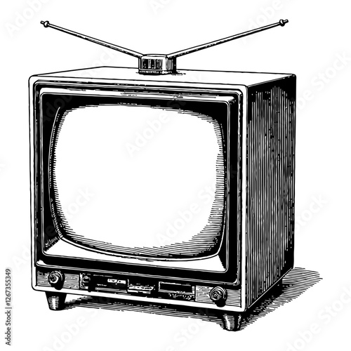 Retro Vintage Television with Antenna in Detailed Black and White Outline Line Art Drawing photo
