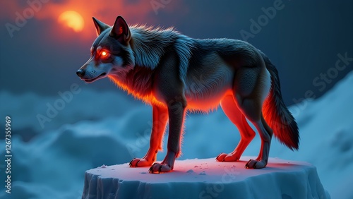 A taxidermied wolf stands on a neon-etched glacier, its molten steel fur glowing against a dark background. photo