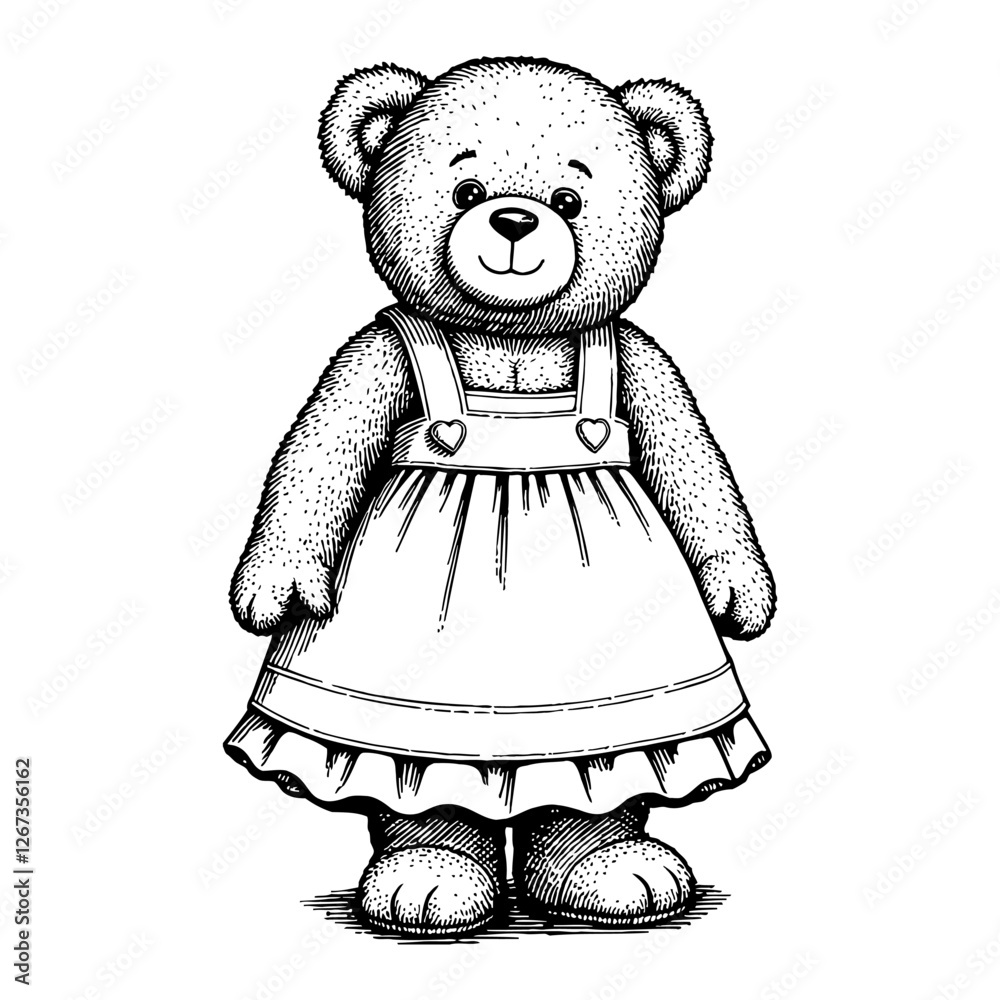 Teddy Bear in Dress Costume Black and White Outline Line Art Drawing Detailed Illustration Teddy Bear in Dress Costume Black and White Outline Line Art Drawing Detailed Illustration