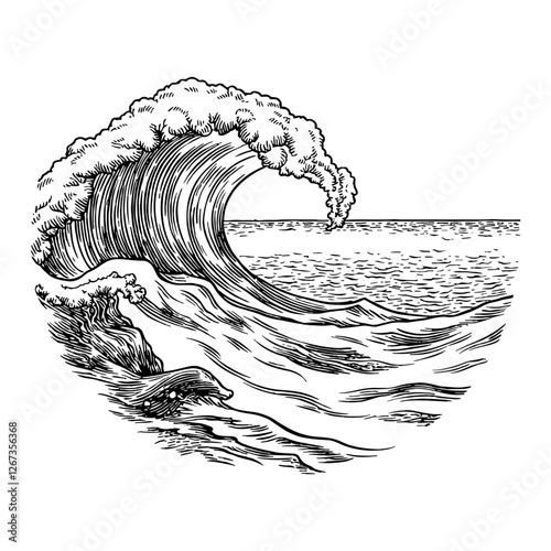 Ocean Sea Water Wave with Detailed Black and White Outline Line Art Drawing Illustration