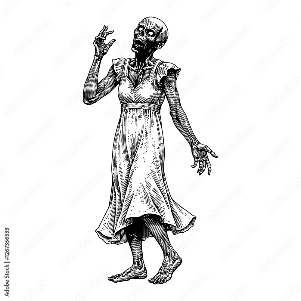 Fototapeta premium Scary Zombie Woman with Torn Dress in Detailed Black and White Outline Line Art Drawing