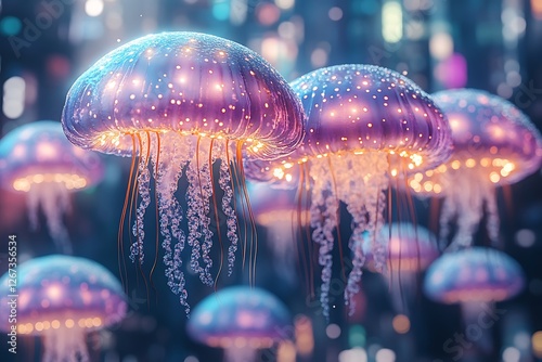 Ethereal jellyfish illuminated in a vibrant underwater scene, gliding gracefully among glowing corals photo