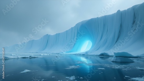 A surreal landscape with a glacier formed into an oracular face, surrounded by a sea of liquid mercury and holographic echoes of frozen words.