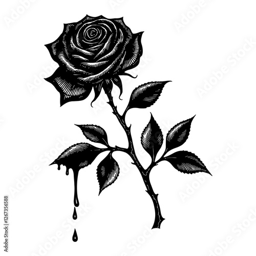 Rose Flower Blossom with Blood Splats Black and White Outline Line Art Drawing Graphic