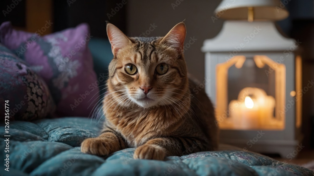 A serene tabby cat resting on a quilt near a candle-lit lantern. A serene tabby cat resting on a quilt near a candle-lit lantern.