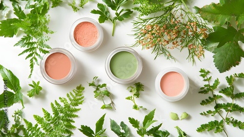 Eco-Friendly Cosmetics: Natural Makeup with Green Ingredients Surrounded by Fresh Herbs photo