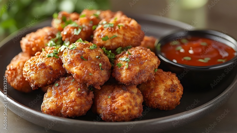 A plate of fried chicken with a dipping sauce A plate of fried chicken with a dipping sauce
