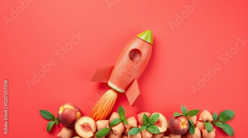  A unique and playful flat-lay composition featuring a rocket ship creatively crafted from watermelon, launching from a bed of peaches, mint leaves, and fruit elements against a warm red background.