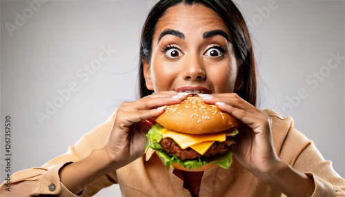 woman eating hamburger