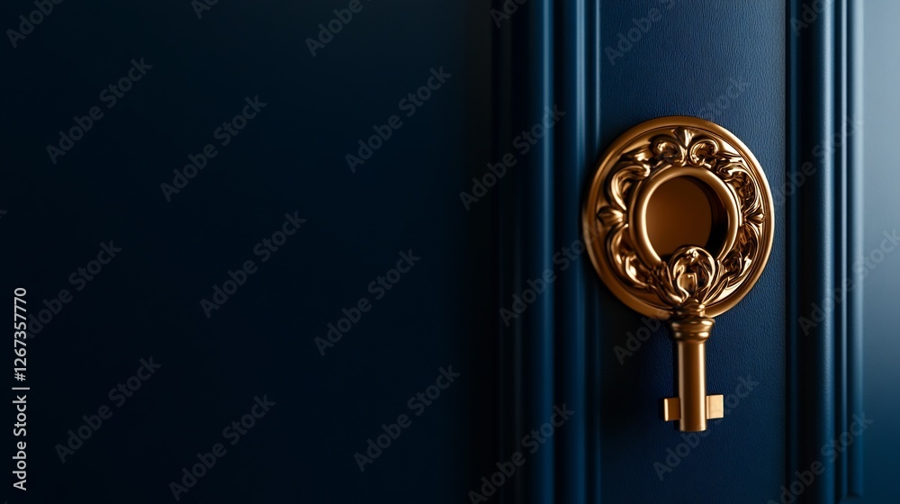Opulent Deep Blue Door with Ornate Golden Key Opulent Deep Blue Door with Ornate Golden Key