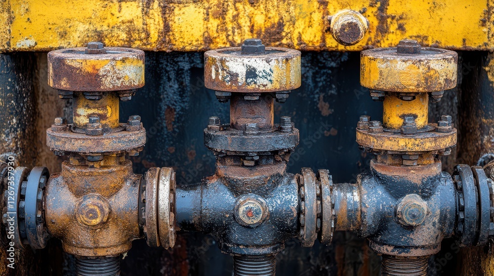 Weathered Industrial Valves on a Rusty Surface with Bright Yellow Paint Weathered Industrial Valves on a Rusty Surface with Bright Yellow Paint