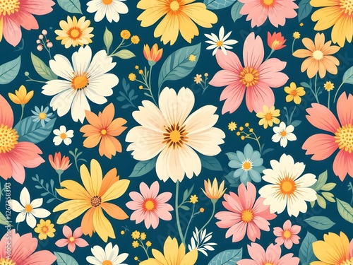 Seamless Floral Pattern Illustration Background with Elegant Botanical Design, Decorative Flower Motif, Vintage Style, Ornamental Textile Print, Nature-Inspired Wallpaper, Repeating Blossom Pattern