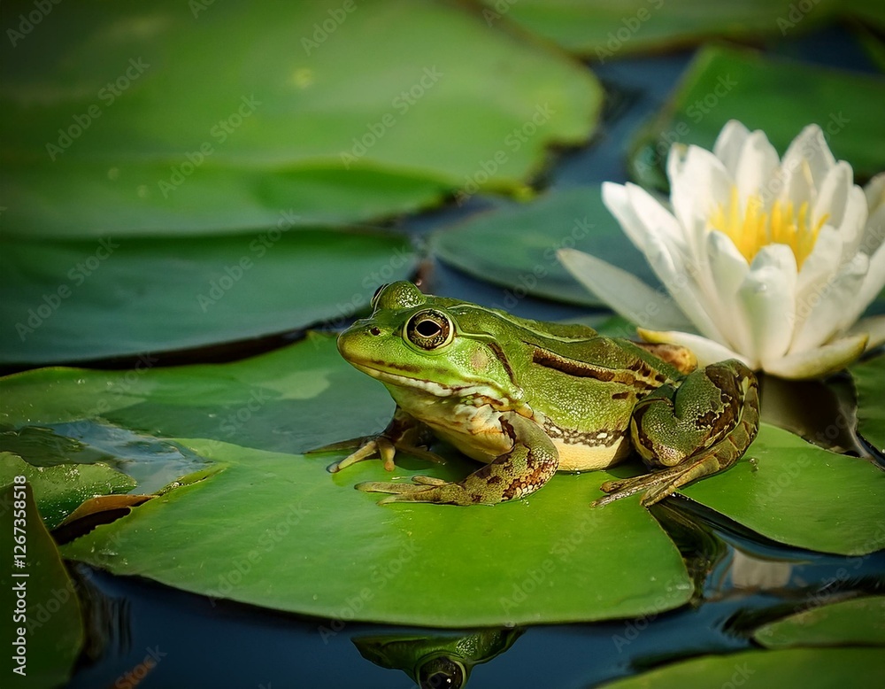 una rana encima de un nenufar en un lago frondoso lleno de nenufares y flores de lotto una rana encima de un nenufar en un lago frondoso lleno de nenufares y flores de lotto