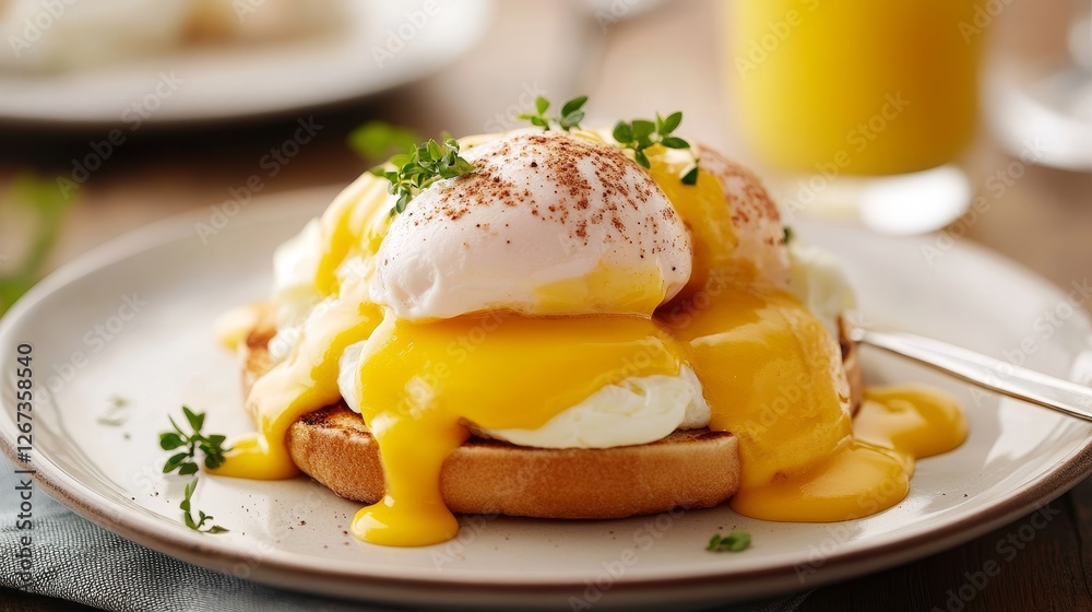 Delicious Egg Benedict with Creamy Hollandaise Sauce and Herbs Delicious Egg Benedict with Creamy Hollandaise Sauce and Herbs