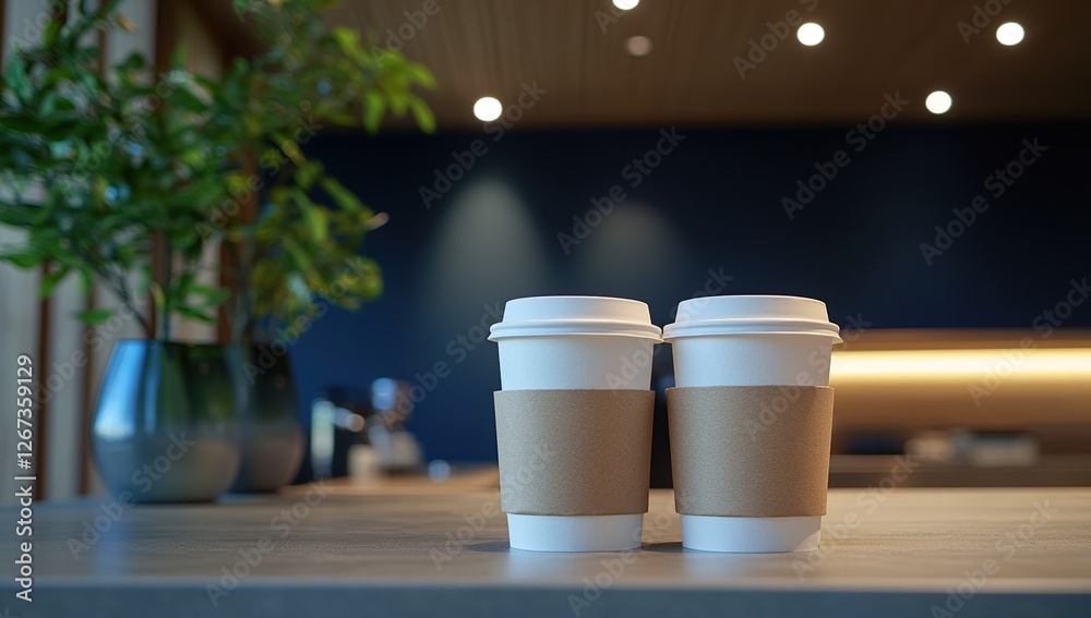 Two Cups of Coffee Rest on Table in Modern Cafe Setting with Indoor Plants Two Cups of Coffee Rest on Table in Modern Cafe Setting with Indoor Plants