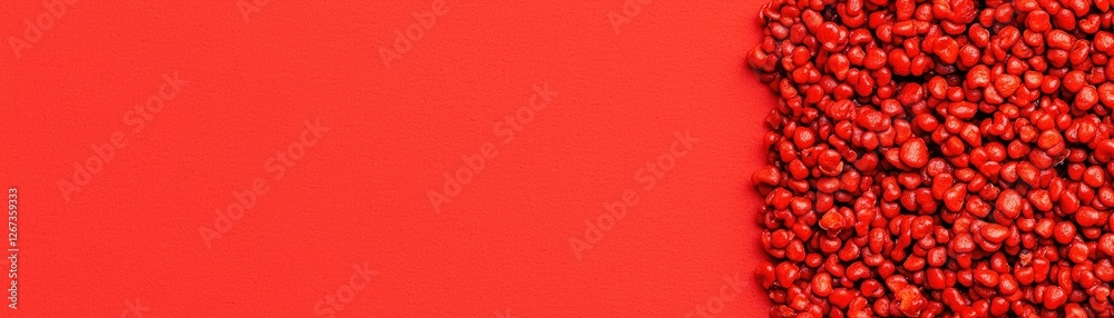 A vibrant red background with a cluster of small red seeds on one side, creating a striking visual contrast. A vibrant red background with a cluster of small red seeds on one side, creating a striking visual contrast.