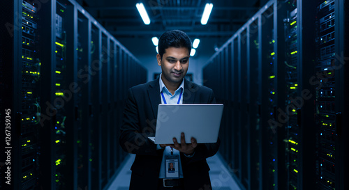 Server Room Expertise: IT Professional Managing Data Center with Laptop. Secure Network Infrastructure, Cyber Security Solutions.