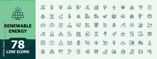 Renewable Energy collection. Containing solar, ecology, voltage, recycling, electricity, recycle and more. Perfect for logos and infographic. Minimalist editable vector stroke.