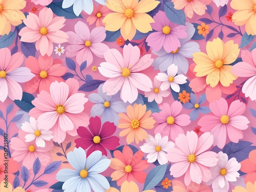 Seamless Floral Pattern Illustration Background with Elegant Botanical Design, Decorative Flower Motif, Vintage Style, Ornamental Textile Print, Nature-Inspired Wallpaper, Repeating Blossom Pattern
