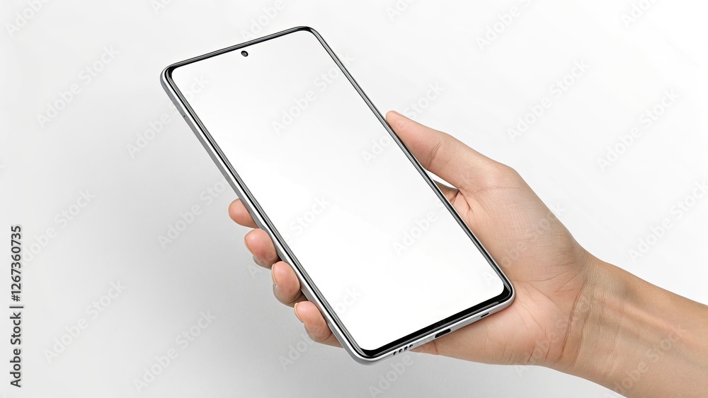 Hand Holding Blank Smartphone Against White Background for Digital Communication Presentation Hand Holding Blank Smartphone Against White Background for Digital Communication Presentation