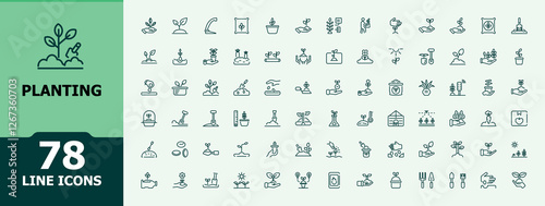 Planting vector line icon set. Contains such icons as nature, gardening, cultivation, floral, garden, planting, plant and more. Sign and Symbol. Vector outline icons collection.