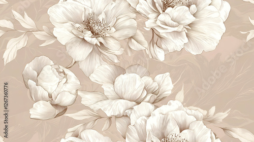 Fototapeta Naklejka Na Ścianę i Meble -  Elegant Seamless Pattern of Line Art Peonies in Soft Beige and Ivory