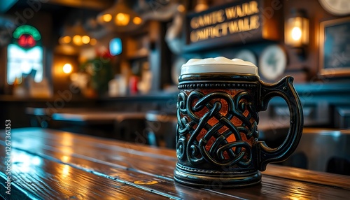Ornate beer stein atop wooden bar with pub ambiance backdrop