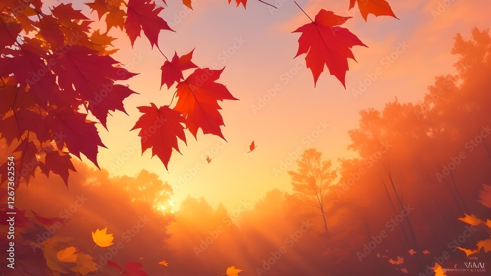 Vibrant autumn leaves in shades of red, orange, and yellow, gracefully floating against a dreamy gradient sky Vibrant autumn leaves in shades of red, orange, and yellow, gracefully floating against a dreamy gradient sky