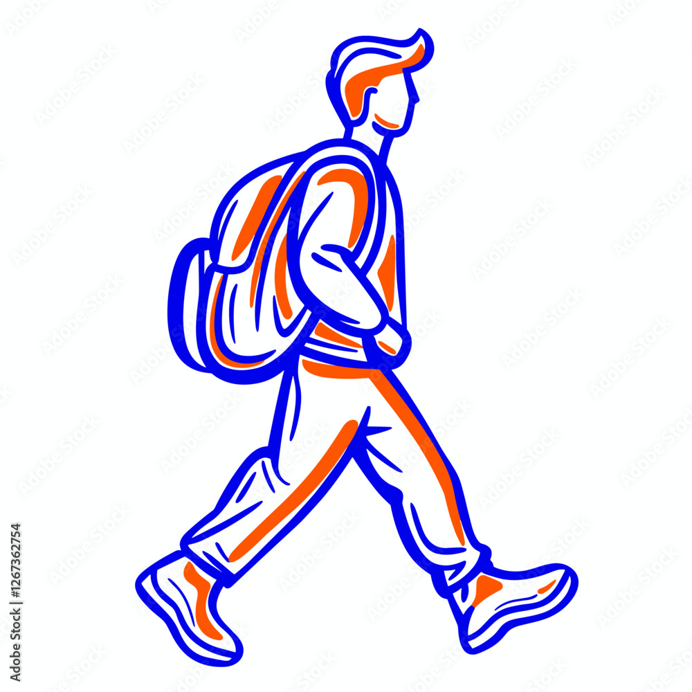 Fototapeta premium Line-art traveler with backpack walking icon.