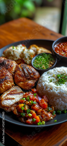 Delicious indonesian dish featuring grilled chicken in coconut milk, served with rice, vegetables, and flavorful sauces photo