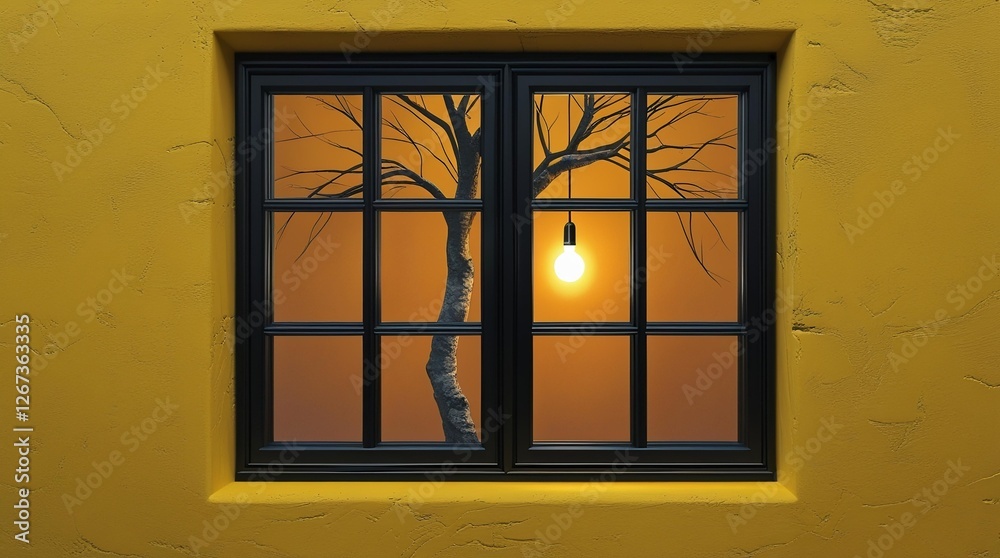 Obraz premium black window mounted on a yellow wall