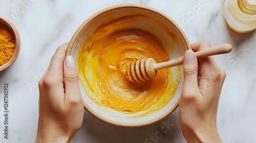 Mixing natural facial mask ingredients in a wooden bowl for skincare routine