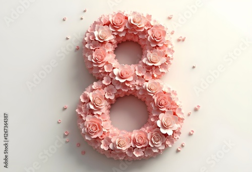 Flower font. Number 8 made from natural flowers. Composition of beautiful orchids. Text in the form of a tropical plant.
