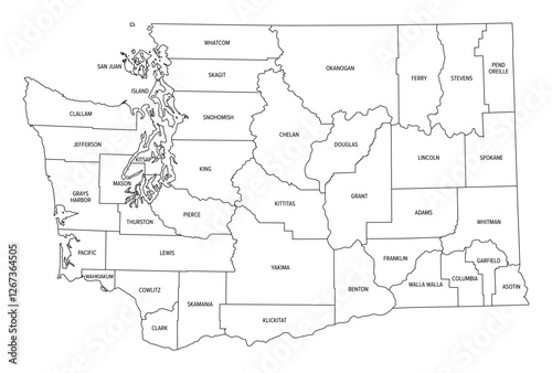 State of Washington subdivided into 39 counties, outline map. Westernmost state in the Pacific Northwest region of United States, nicknamed The Evergreen State. Map with boundaries and county names.