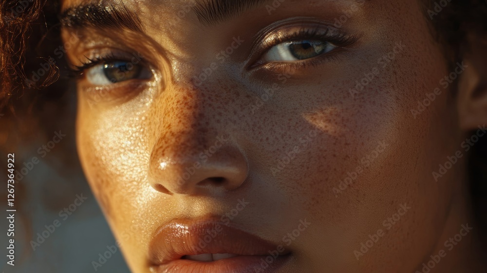 Fototapeta premium Close-up portrait of a freckled woman with glowing skin in warm sunlight