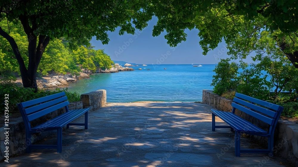 Obraz premium A blue bench is on a path next to a body of water