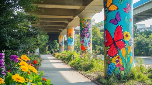 Fototapeta Naklejka Na Ścianę i Meble -  Vibrant overpass decorated with colorful flowers and butterflies leading to a school pathway